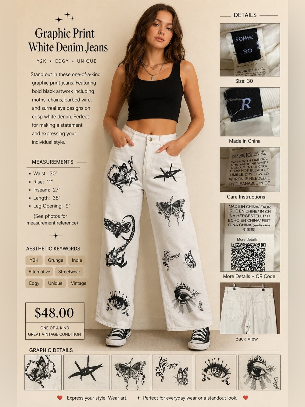 ROMWE White boot cut/wide leg Jeans with Black Graphic Butterflies